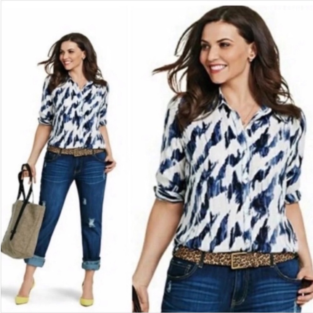 CAbi Blue and White Button Down Shirt